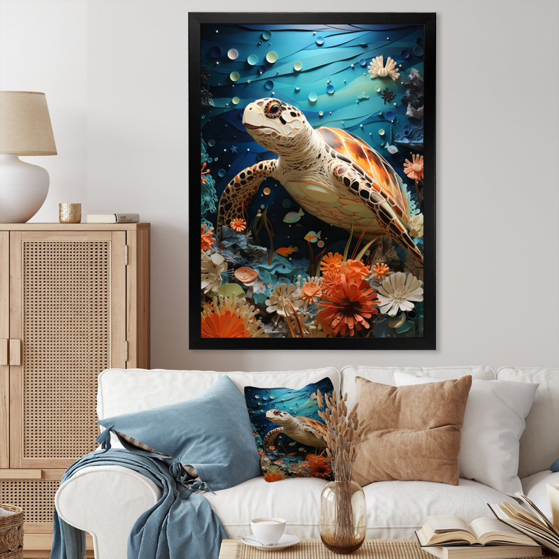 Turtle Coastal Creatures Pointillism, reproduction d'art sur toile, H 32 po x l 16 po x P 1 po, Cadre simple noir