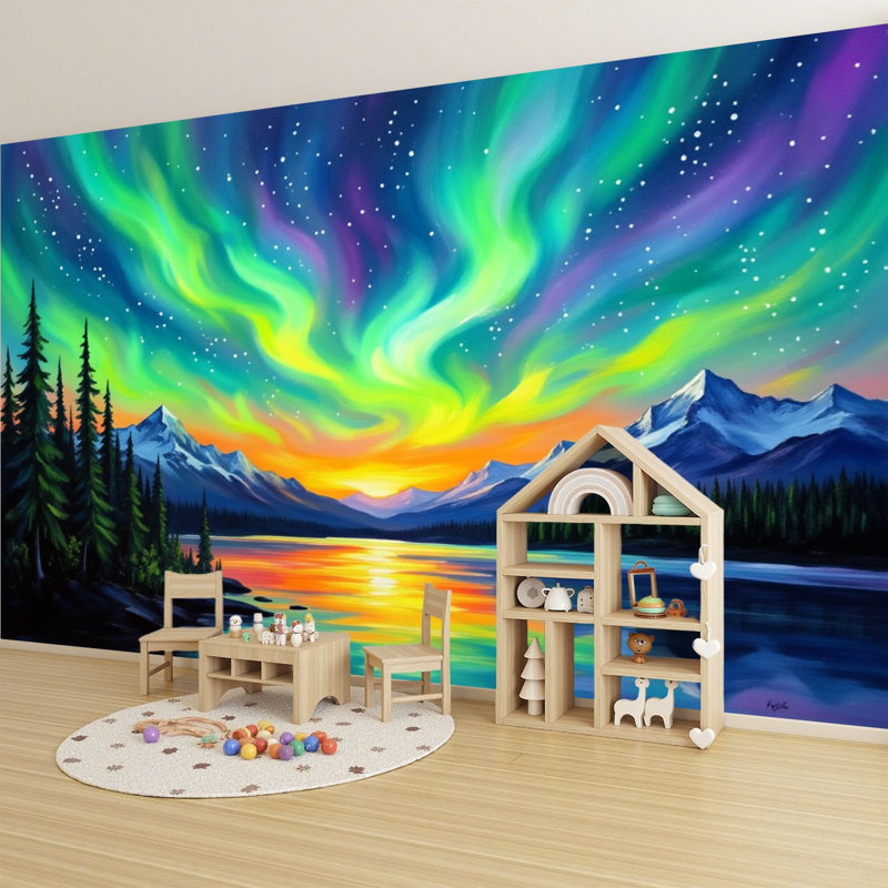 Papier peint auto-adhésif Northern Lights Forest Mountain Scenic Aurora Borealis Sky, 96" L x 69" W