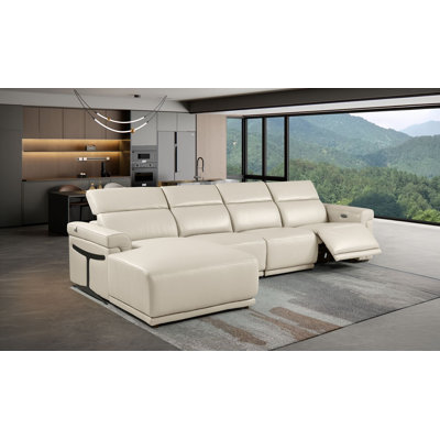 Canapé modulaire en cuir italien grainé de qualité supérieure 4 pièces beige avec 1 fauteuil inclinable électrique et appuis-tête réglables