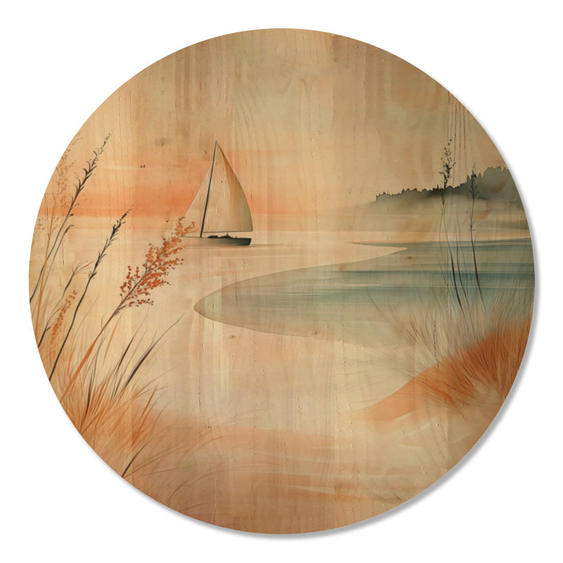 Bord de dunes de cuivre - Décoration murale ronde en bois représentant un voilier, Rond 36 po, Rond