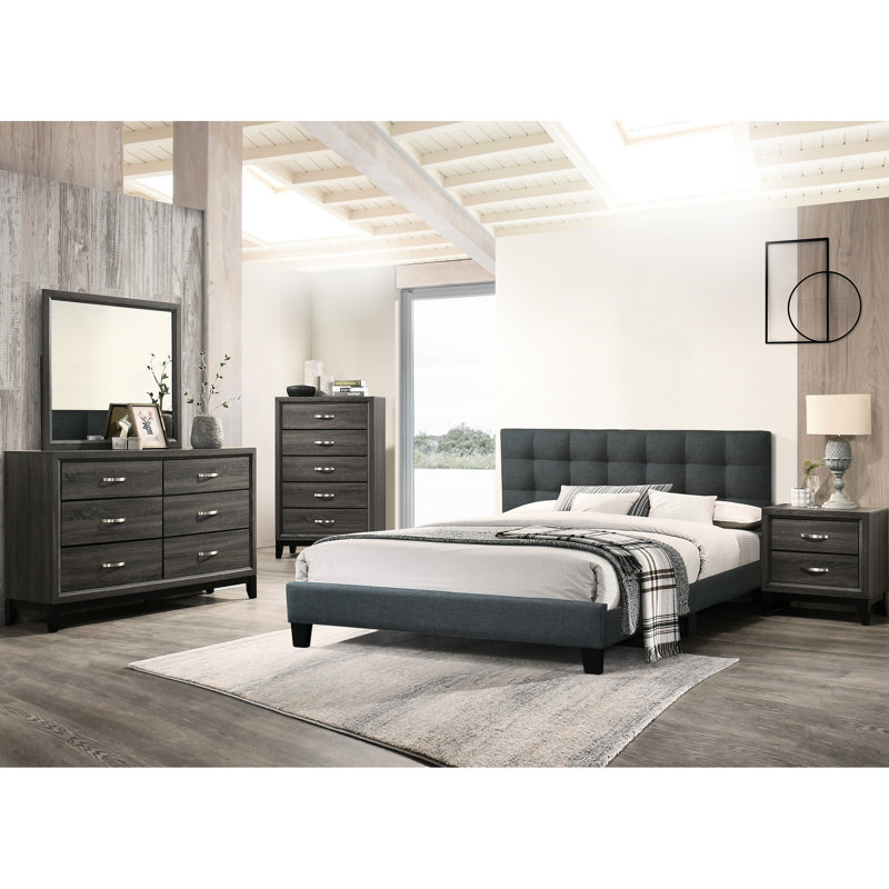 Lit double gris anthracite pour chambre à coucher avec tête de lit tapissier douillette et structure de lit plateforme de couleur élégante
