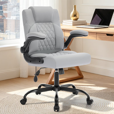 Fauteuil de direction ergonomique en cuir avec soutien lombaire manuel au gaz, coussin épais et accoudoirs rabattables