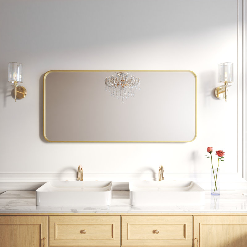 Élégant miroir encadré en aluminium avec coin arrondi pour une décoration intérieure élégante, Or brossé, 60 po x 28 po