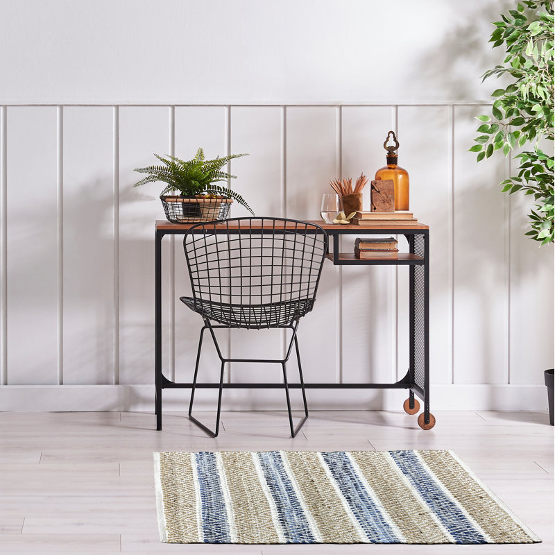Natural and Denim Striped Cotton Accent Rug, 27" x 45"
