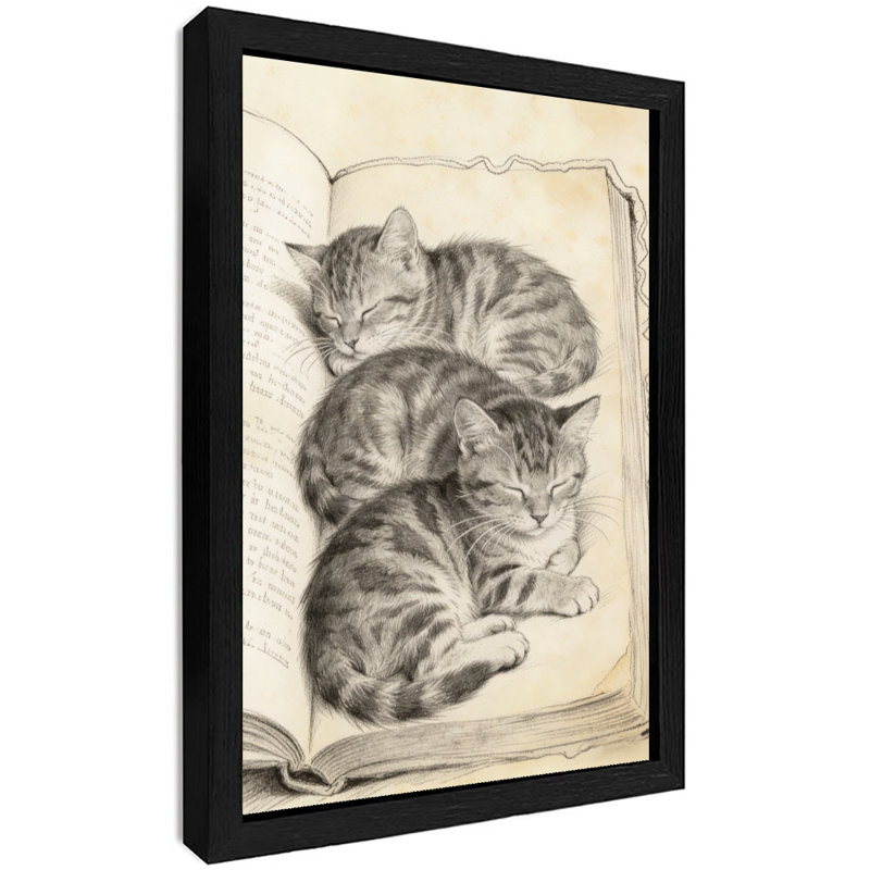 Reproduction d'art encadré noir rétro avec trois chats endormis, H 11 po x l 9 po