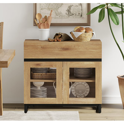 Buffet Buffet avec portes en verre et un tiroir, crédence moderne avec tablette réglable et base en métal, armoire de rangement pour café, salon, cuisine