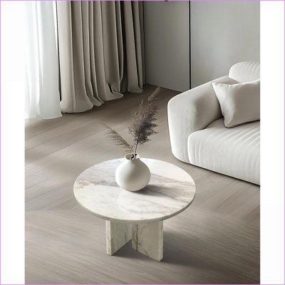 Natural Marble Coffee Table Set for Living Room, Layered Design, Snow Mountain White
