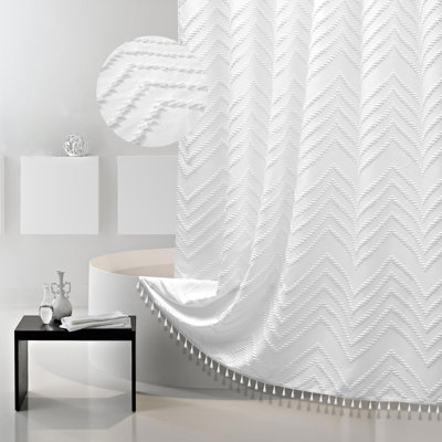 Boho Shower Curtain White Tassel Woven Fabric Shower Curtain Modern Farmhouse Textured Tufted Chevron Striped Minimalist Bathroom Hotel 72 X 72 White