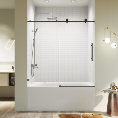 Porte de douche de 56 à 60 po x H 60 po, porte coulissante simple sans cadre avec porte en verre trempé à fermeture en douceur de 5/16 po à quincaillerie lisse en acier inoxydable pour une expérience de douche spacieuse