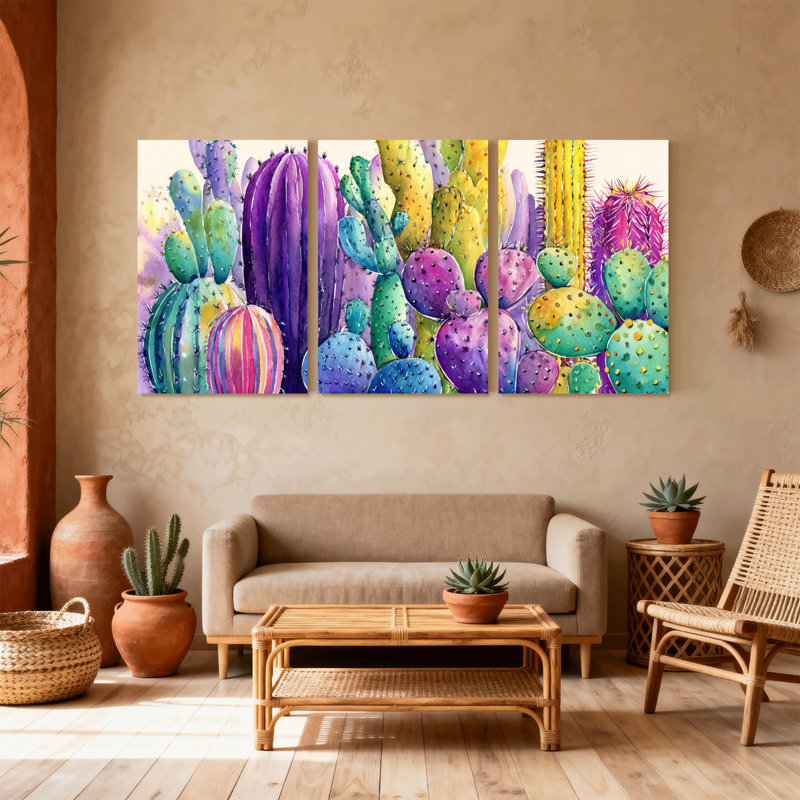 Plantes et fleurs, cactus coloré, ensemble de 3 impressions sur toile, H 24 po x l 48 po