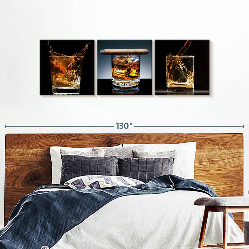 Bourbon whisky verre sur toile, ensemble de 3 pièces, H 30 po x l 92 po x P 1,25 po
