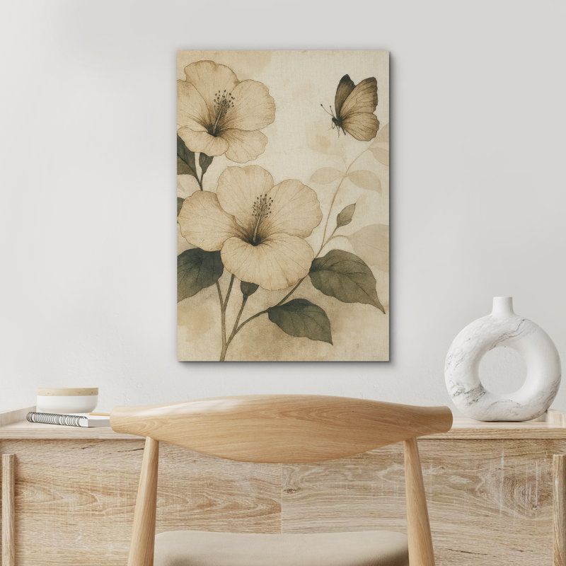 Rétro pétales et tons bruns de papillons - art mural sur toile encadrée, H 18 po x l 12 po x P 1,5 po, Toile tendue