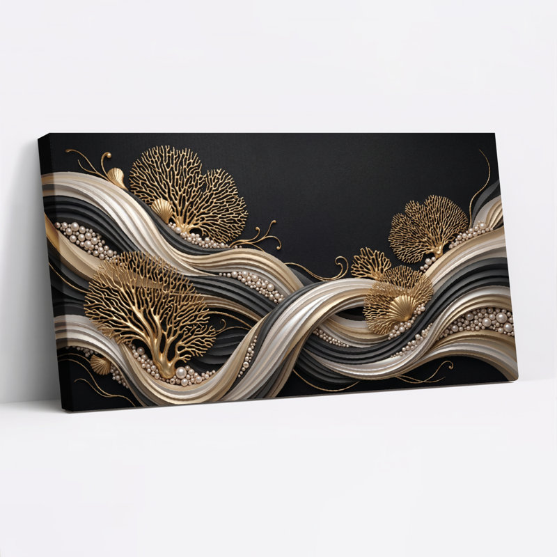 Ensemble de 1 tableau sur toile « Vagues dorées », L 32 po x H 16 po, Wrapped Canvas