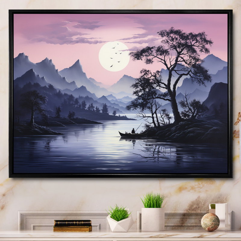 Impression sur toile encadrée sur fond rose, forêt mauve et minimalisme, H 34 po x l 44 po x P 1,5 po, Cadre flottant noir