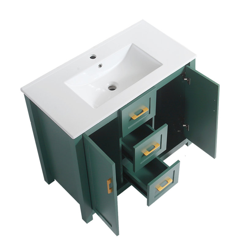 Armoire de rangement de salle de bain 36 "avec 2 portes et 3 tiroirs, fermeture douce, rangement multifonctionnel, Vert