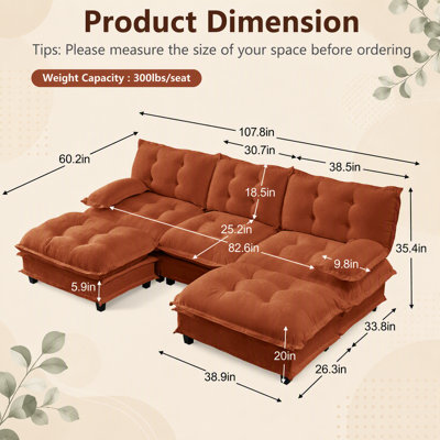 Canapé moderne en U 107 pouces avec 2 repose-pieds, assise profonde en chenille, coussins en treillis confortables pour les appartements et les chambres