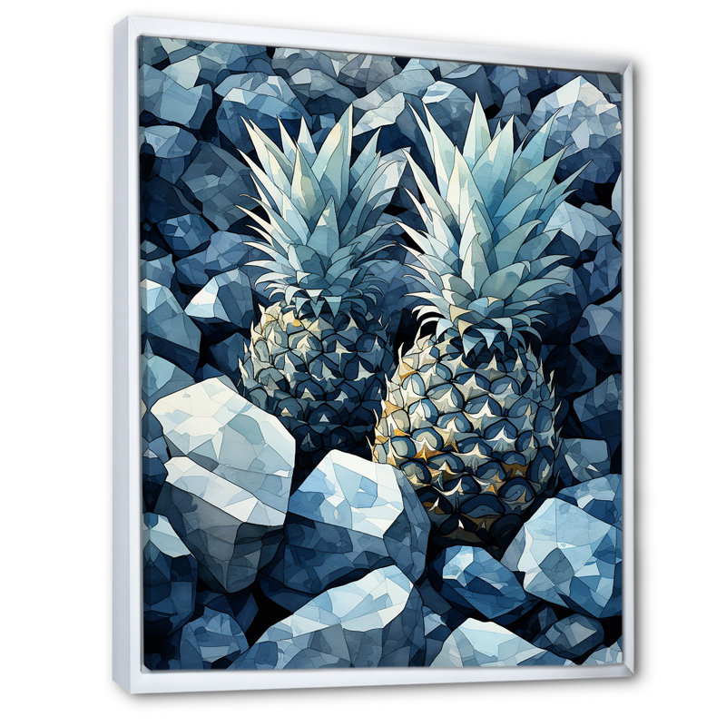 Ananas vert et bleu, paradis tropical III - ananas, art mural, Cadre flottant blanc, H 40 po x l 30 po