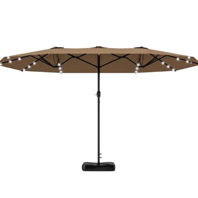 Parasol extérieur à double face avec auvent et lumières à DEL solaires, structure en acier à 12 nervures pour plus de stabilité, installation du système de manivelle pour le patio, 36 soutien supplémentaire, plaisir