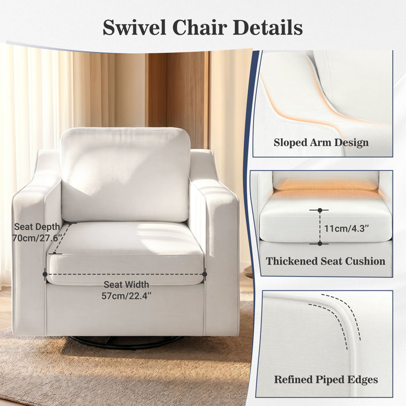 32.7" Wide Upholstered Swivel Accent Armchair With Sloped Arms, White