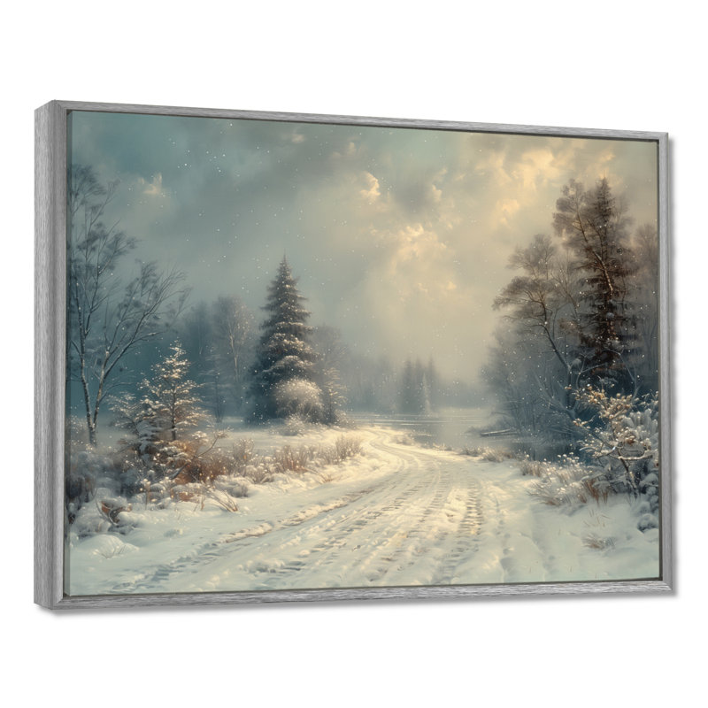 «White Grey Winter route into forest III - Winter Landscape», art mural sur toile, H 30 po x l 40 po, Encadrement argenté