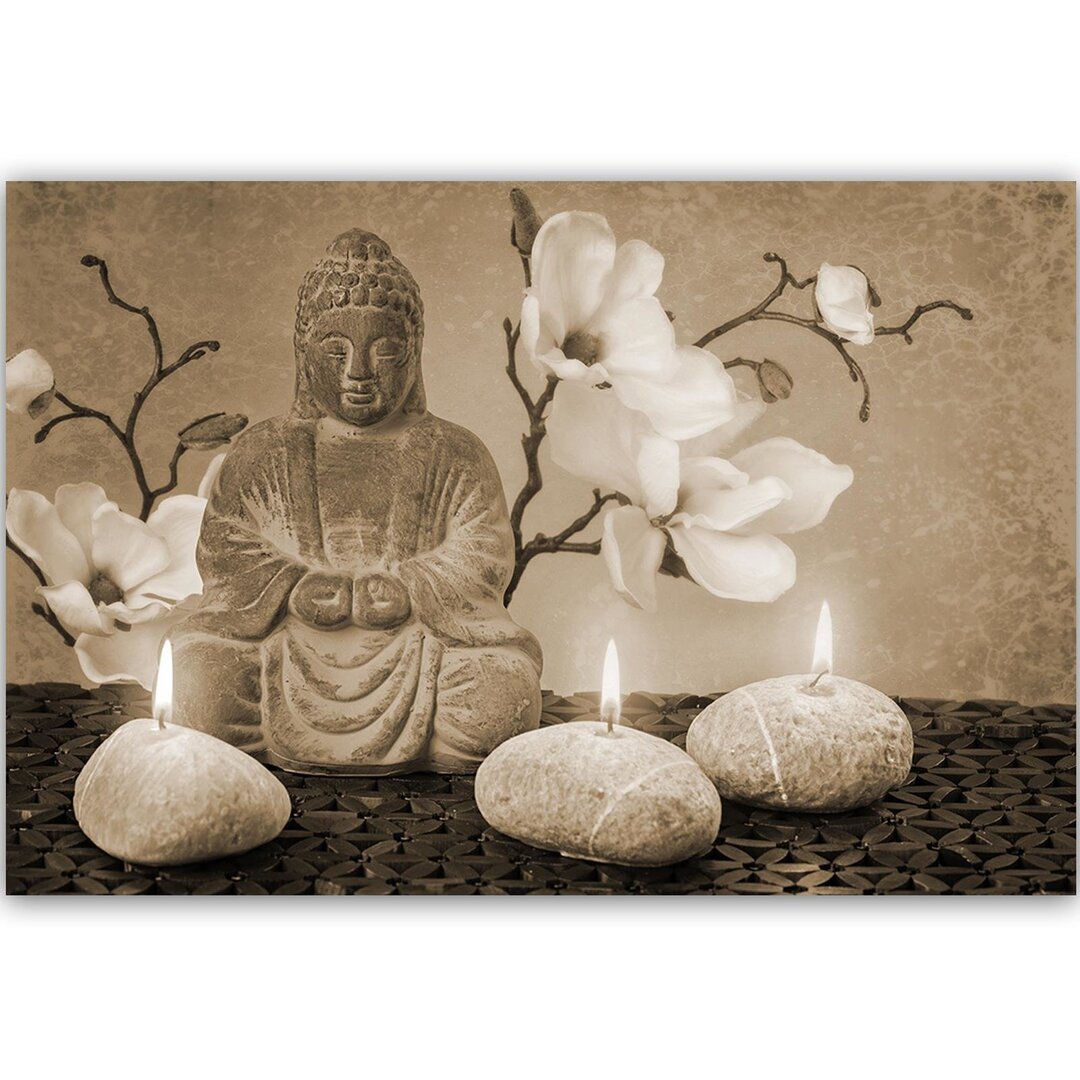 Leinwandbild Buddha mit Orchideen und Kerzen 4