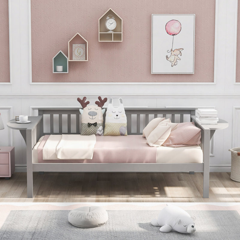 Lit de jour, support en lattes de bois, Lit simple, Gris