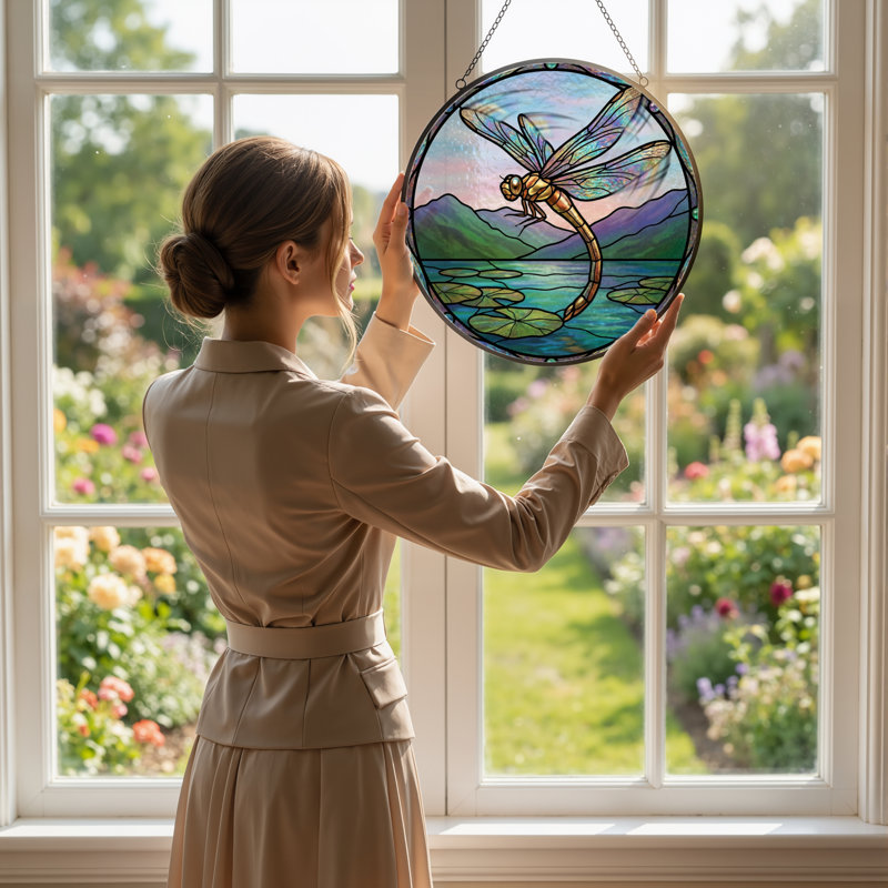 7.8"H Dragonfly Lake Stained Glass Window Panel, 7.8" H x 7.8" W