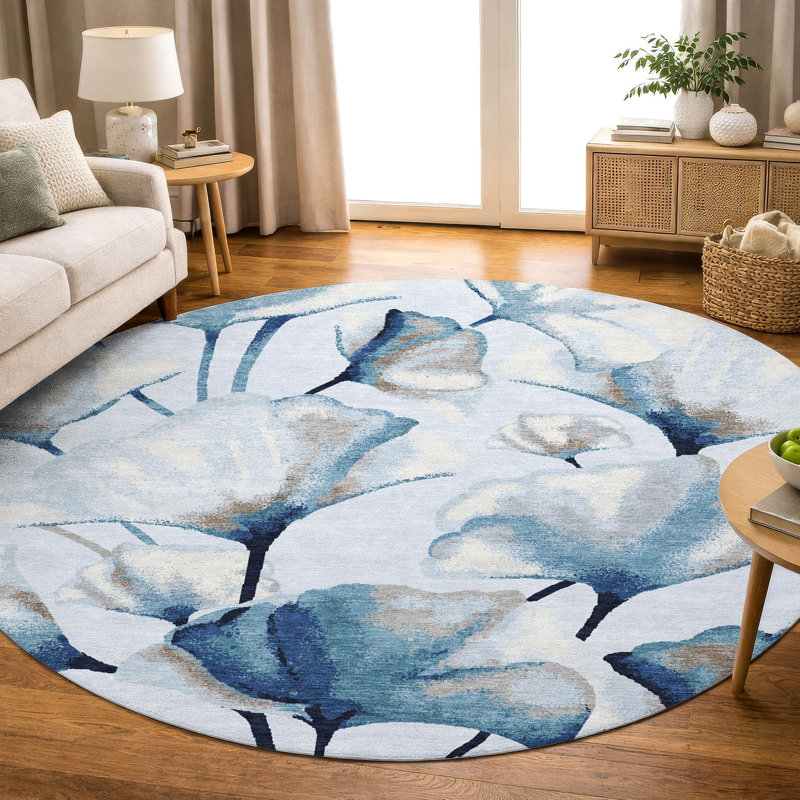 Premium Machine Washable Mayfield AMF2405 Floral Rug, Sky, 8' Round