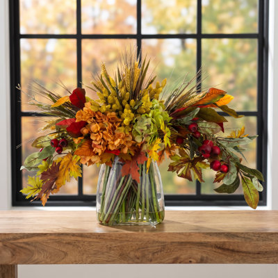 Fall Centerpiece with Hydrangeas and Maple Leaves