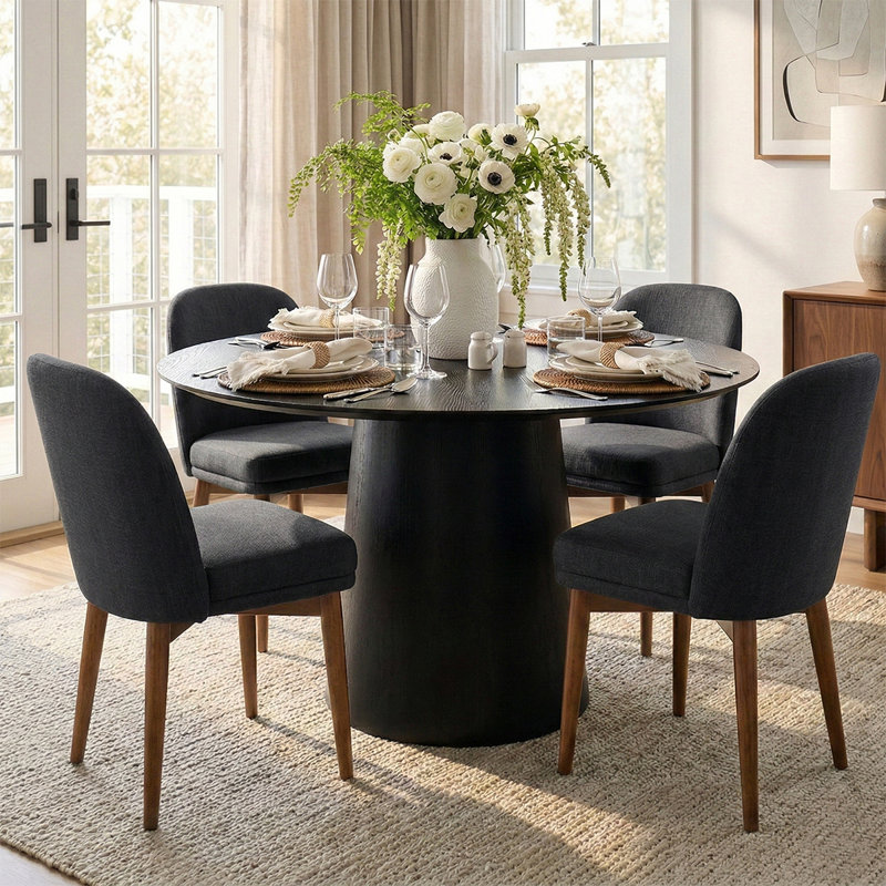 5-Piece Round Dining Table Set For 4, Charcoal Linen Blend