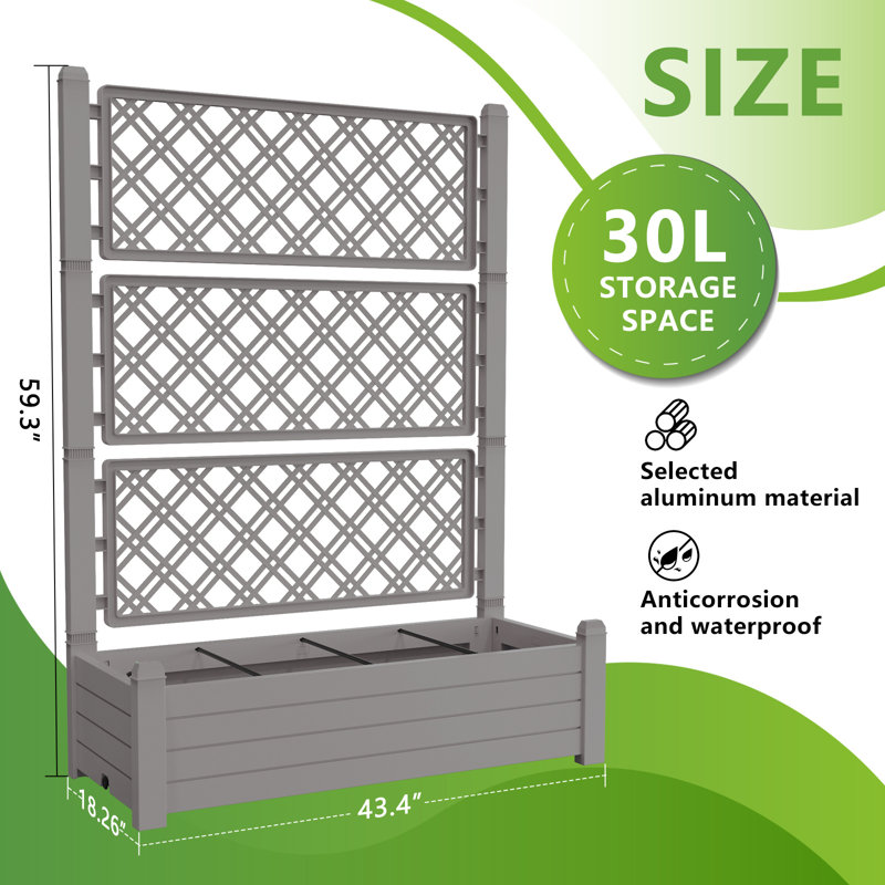 59" Tall Raised Garden Bed,Outdoor Large Resin Planter Box With Trellis And Drain Plug For Climbing Plants, Gray