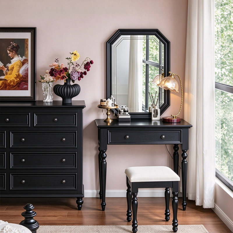 35.43"French-style small solid wood dressing table with mirror