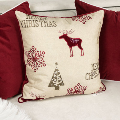 Holiday Merry Christmas Poly Linen Embroidered Velvet Throw Pillow