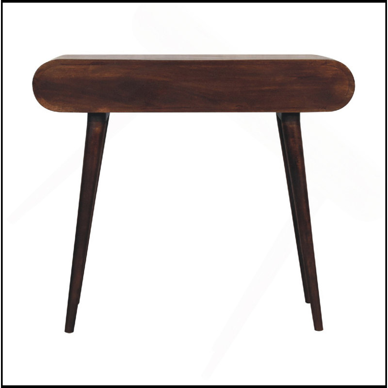 Console en bois massif noyer clair à bord courbé, 2 tiroirs, pieds nordiques, brun foncé