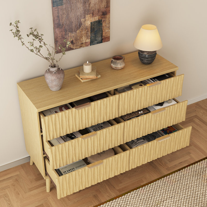 Commode double 6 tiroirs, l 47,2 po, Bois naturel