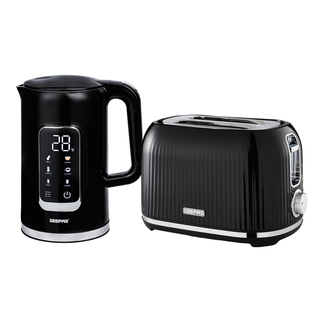 GEEPAS 1.7L Digital Electric Kettle & 2 Slice Bread Toaster Combo Set | 2200W Cordless Jug Kettle, Keep Warm Function | 1000W Toaster with 7 Browning