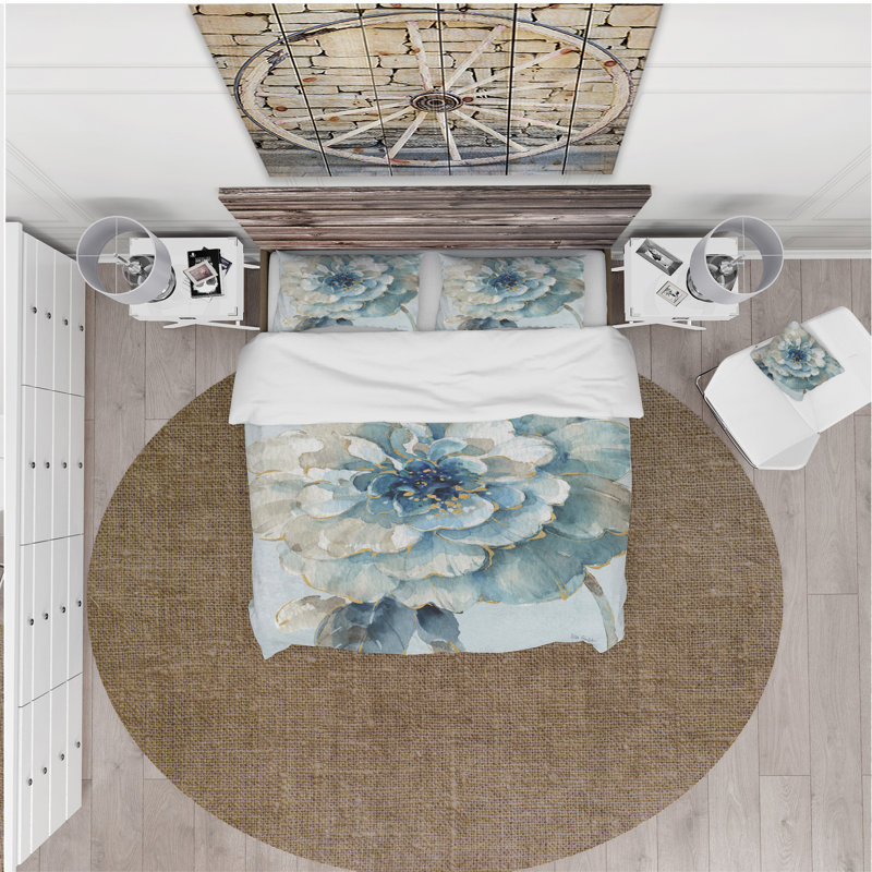 Indigold Watercolor Flower II - Ensemble de housse de couette Farmhouse - Microfibre de polyester