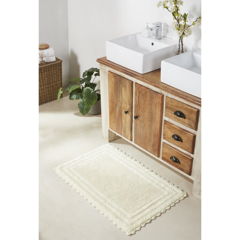 Rasika 100% Cotton 1990 GSM Tufted Reversible Bath Rug, OEKO-TEX Certified, Ultra Soft & Absorbent, Machine Washable Bathroom Rug for Shower, Tub, Sink, Vanity & Spa Areas, Crochet-Inspired Design, 17" x 24" Rectangle, Ivory