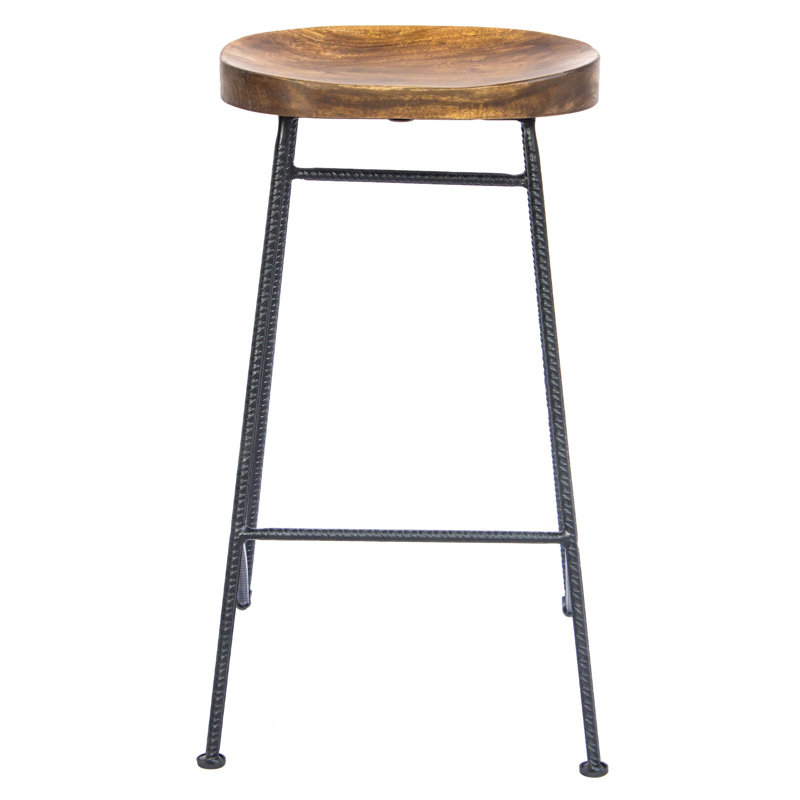 Jael 28 Inch Bar Stool with Mango Wood Saddle Seat, Iron Rod Legs, Brown and Black
