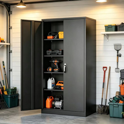 Armoires de rangement pour le garage Achyut (H 72 po x l 36 po x P 18 po), armoire à outils en métal avec 4 tablettes réglables et portes verrouillables