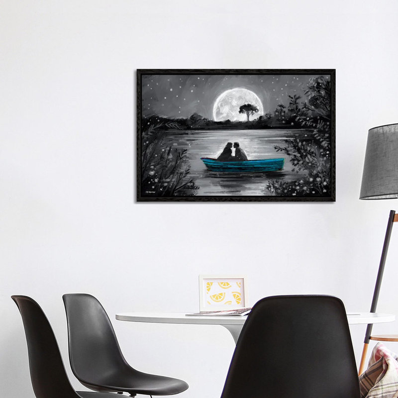 Love In Boat Blue by P.D. Moreno - Painting on Canvas, 66.04cm H x 101.6cm W x 3.81cm D, Black Floater Framed