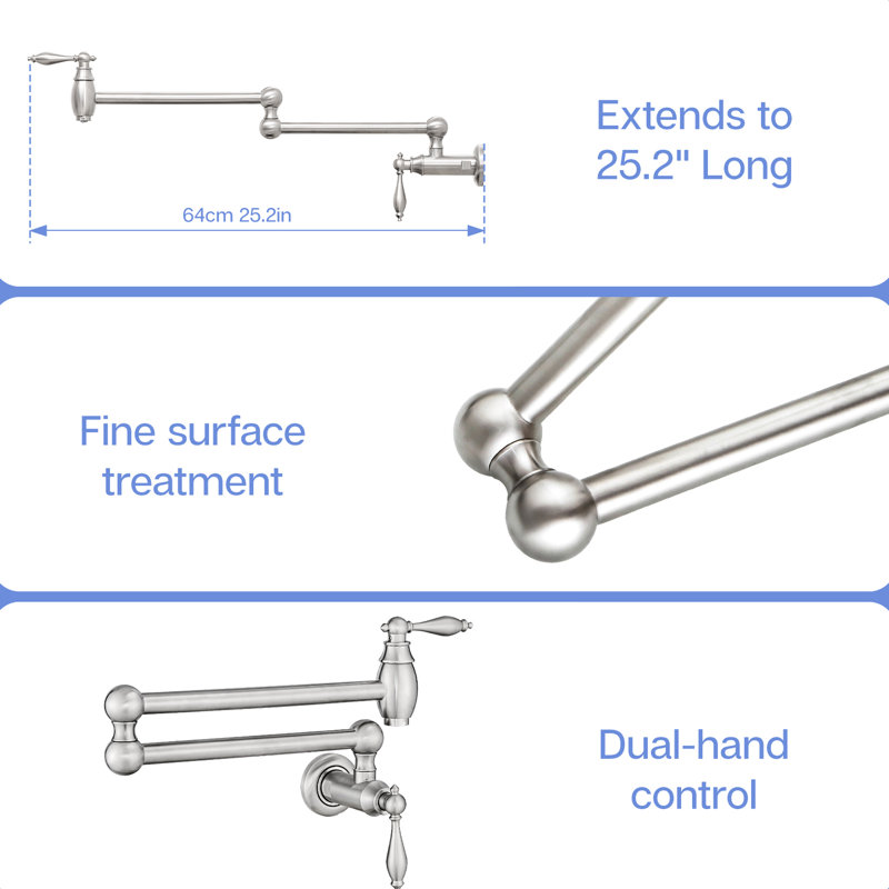 Wall Mount Pot Filler, Commercial Kitchen Faucet, Brass Double Jointed Swing Spout, Style A, And Low - Maintenance, Smooth Action, 360 Spout Movement Material, Stretchable Joint