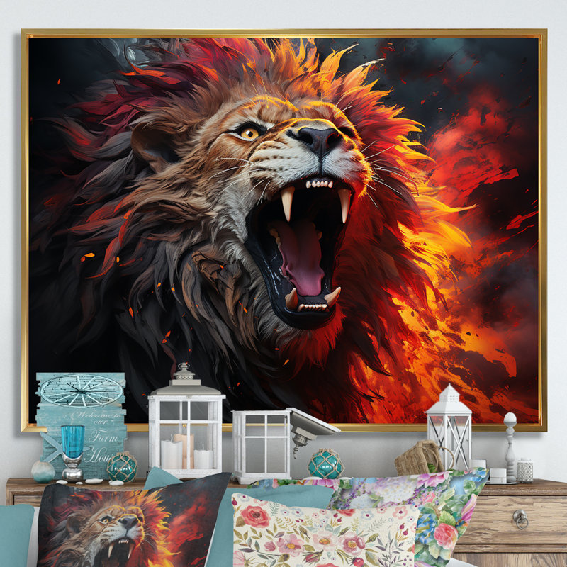 Lions rugissants - impression, Cadre flottant doré, H 12 po x l 20 po x P 1 po