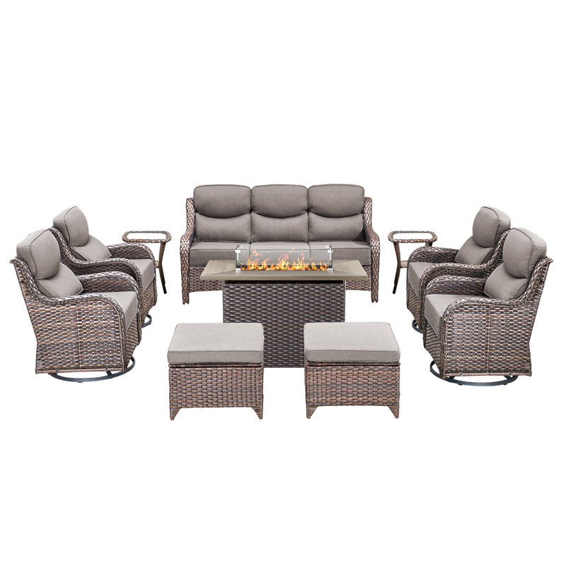 10 Pieces Patio Furniture Set, Outdoor Wicker Sofa Couch With Swivel Chairs 41" Fire Pit Table, All Weather High Back Modern Conversation Sets, Rattan