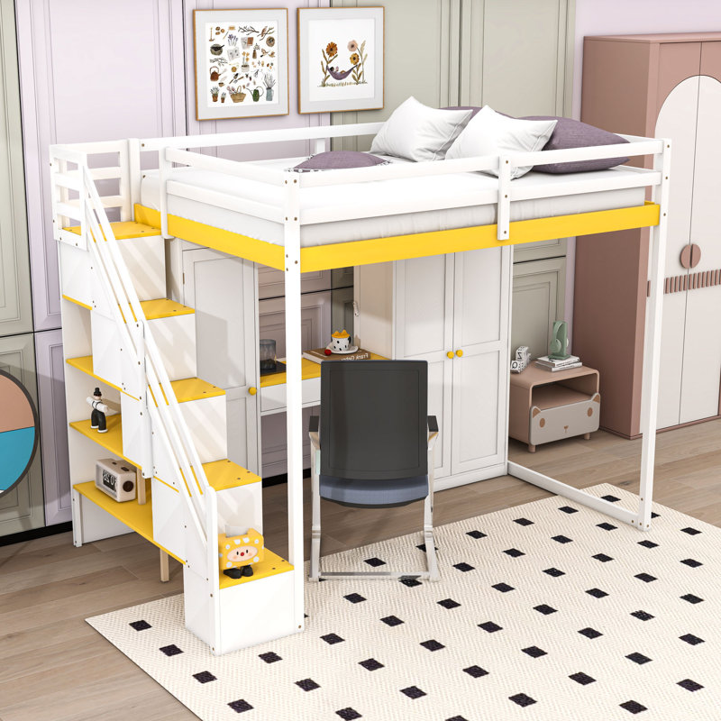 Full Wood Loft Bed With LED Light, Dressing Table, Wardrobe And Charging Ports, White/Yellow