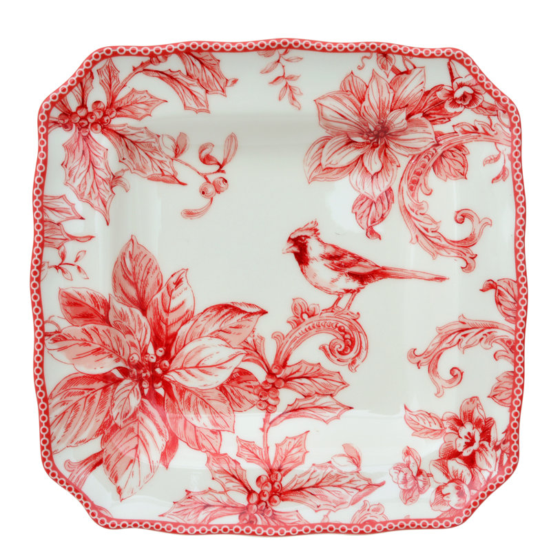 222 Fifth Christmas Lane Red 16-Piece Porcelain Dinnerware Set - Service For 4, Plates, Bowls & Mugs