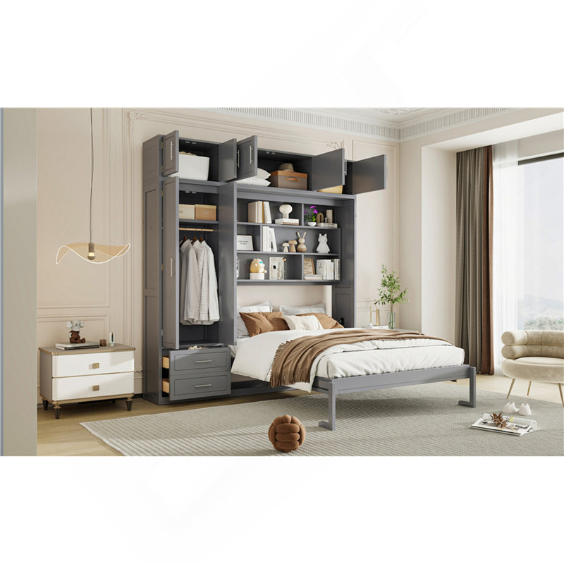 Grand lit escamotable mural avec armoire supérieure, tablettes et garde-robe, lit pliant peu encombrant, gris