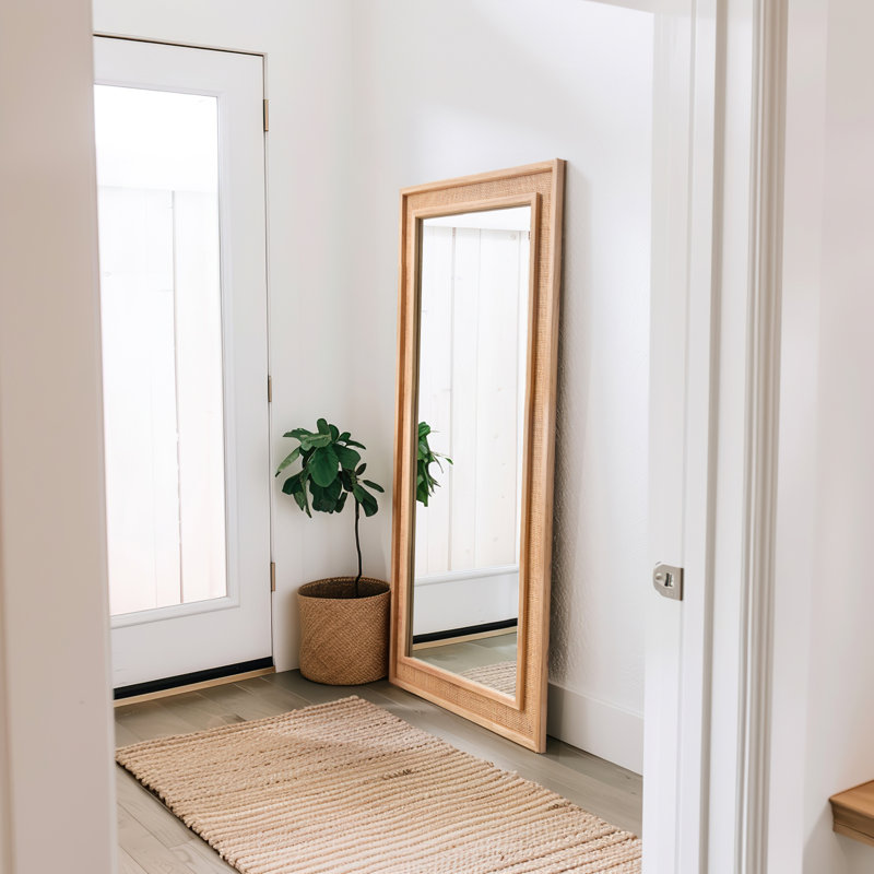 Rectangle Rattan Mirror Wood Frame Mirror Full Length Mirror Hanging, 48" H x 18" W