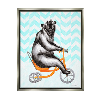 " Roaring Bear Riding Tricycle Whimsical Chevron Pattern " by Amelie Legault