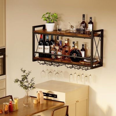 Space-Saving Wall Mounted Wine Bottle & Glass Rack, Vintage Wood & Metal Display Shelf for Kitchen, Dining Room, Bar, Wall Storage Organizer for Wine Glasses & Bottles